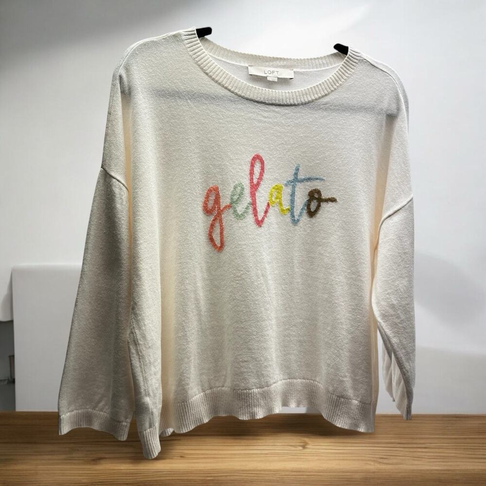 Loft Italian Ice Cream Gelato Embroidered Sweater Large Pink Blue Yellow Green